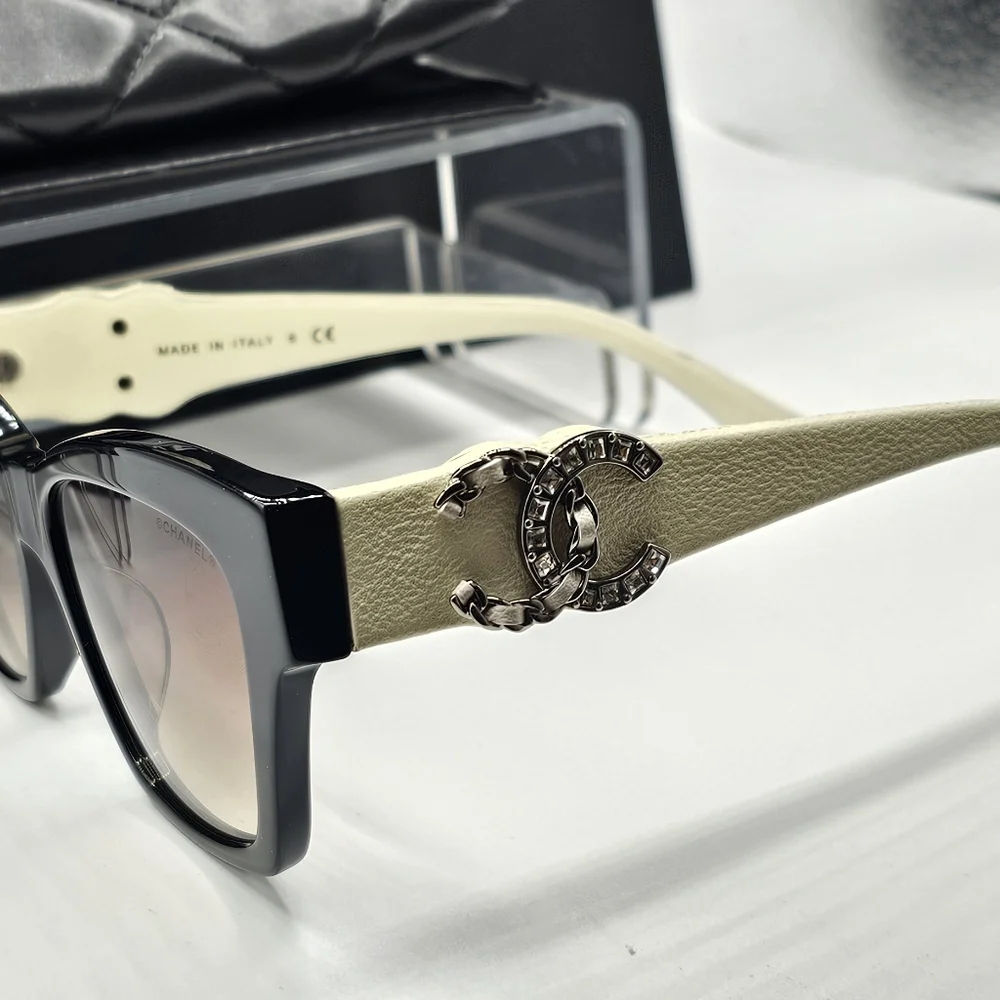 CHANEL CREAM AND BLACK SUNGLASSES CRYSTAL 5456QA C501S5 - Picture 10 of 12